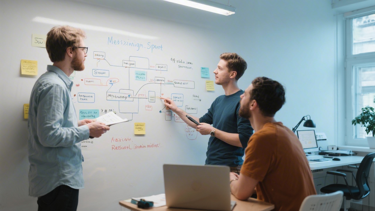Bright studio with a small team planning a web design sprint on a whiteboard, discussing growth strategy and user experience mapping