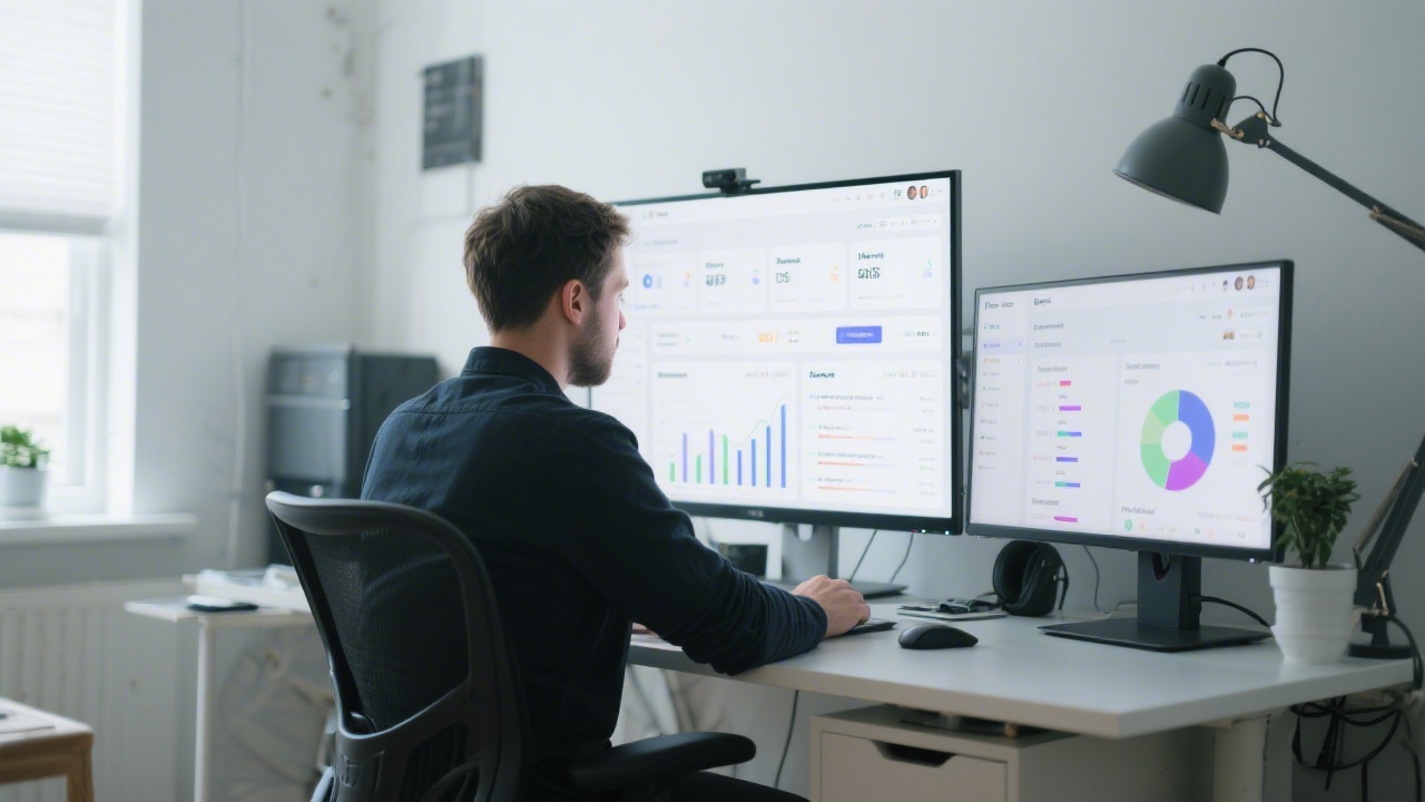Modern workspace with a developer reviewing a React dashboard on a large monitor, clean interface layouts and marketing analytics on a second screen in a calm Dublin studio