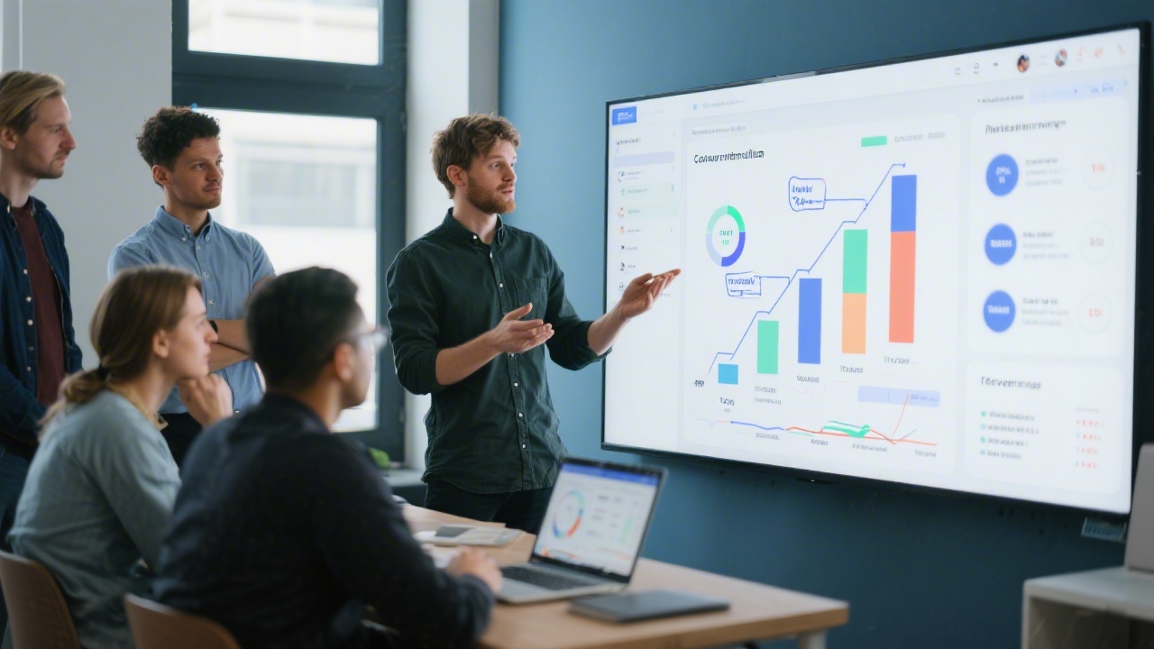 Freelancer presenting a website performance report to a startup team, showing conversion funnels, traffic sources, and annotated UI improvements on a large display