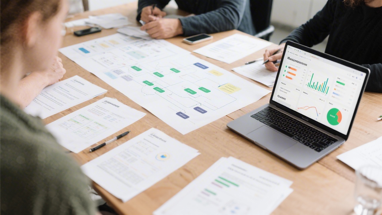 Workshop table with printed project briefs, UX flow diagrams, and a laptop showing conversion analytics dashboard ready for review