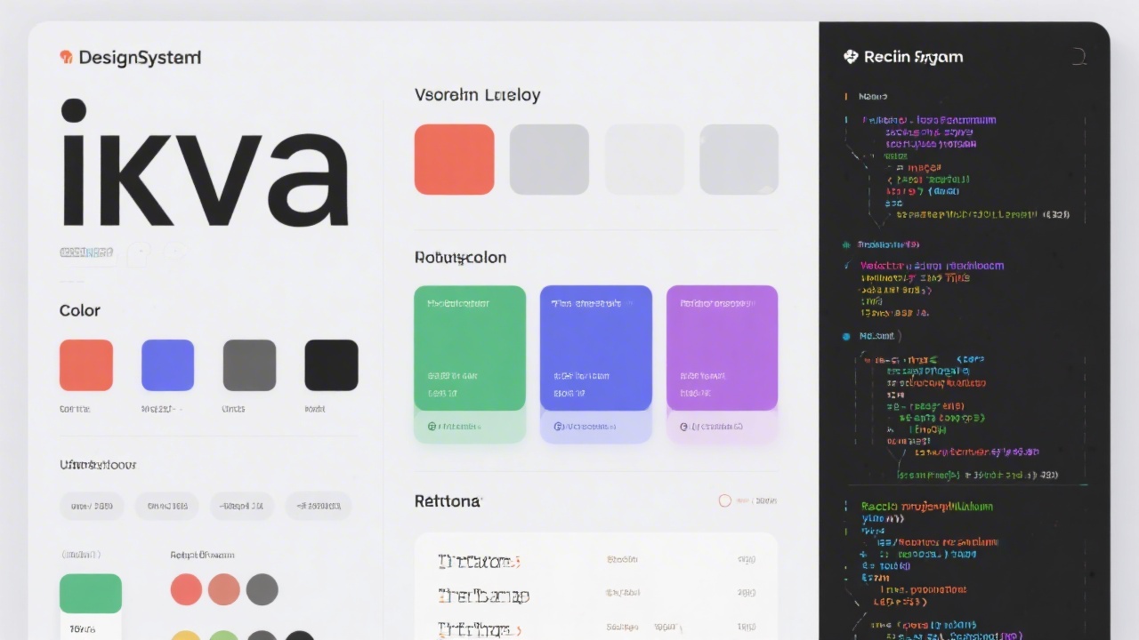 Close view of a design system board showing typography, color tokens, and reusable components alongside code snippets for a React project plan