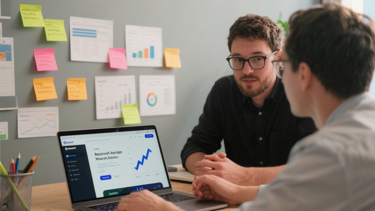 Designer and developer discussing a UI layout with sticky notes, laptop showing a React app preview and growth metrics for a startup landing page