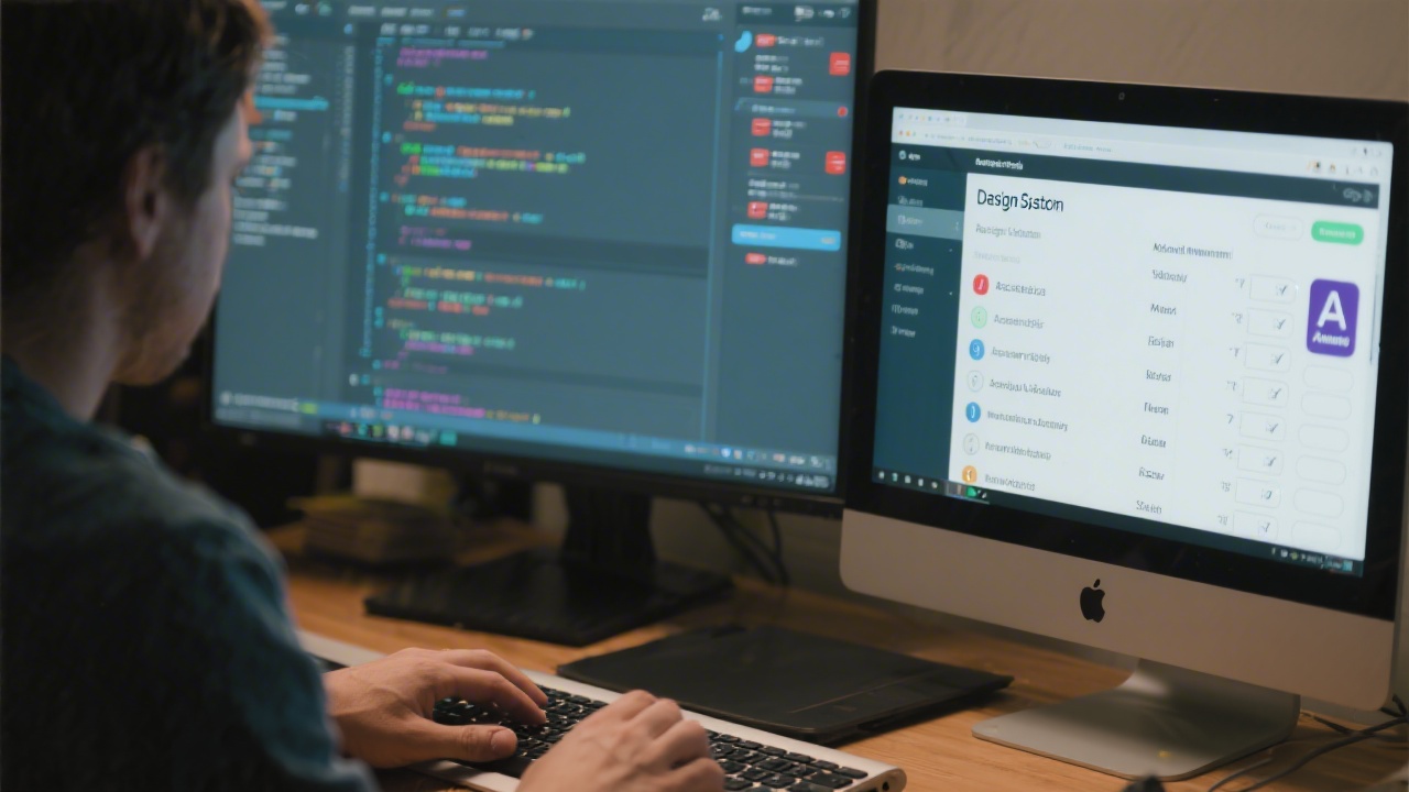 Close-up of a developer using a code editor with React components, while a second monitor shows a design system and accessibility checklist